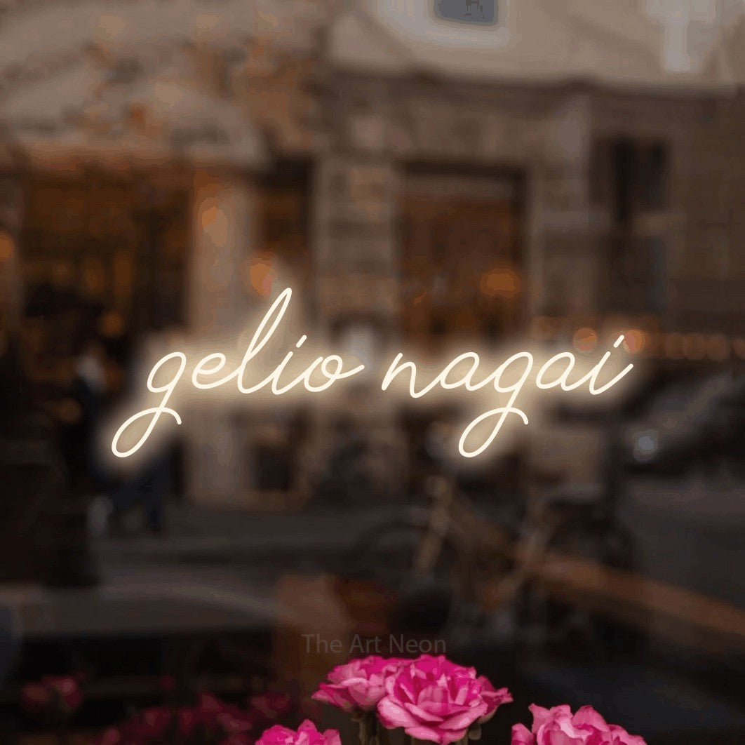 LED neon sign reading “gelio nagai”, arranged in a single line.
