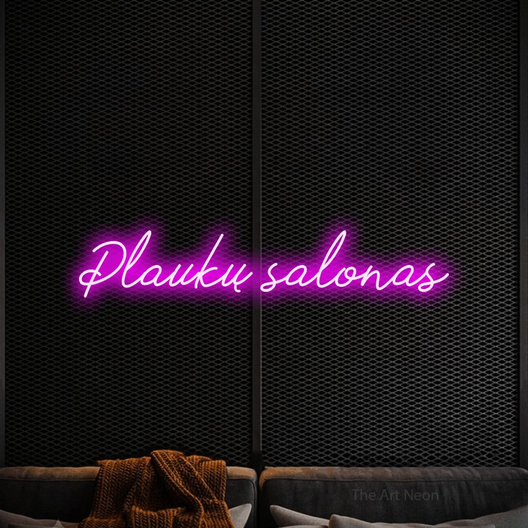 LED neon sign reading “Plaukų salonas”, arranged in a single line.
