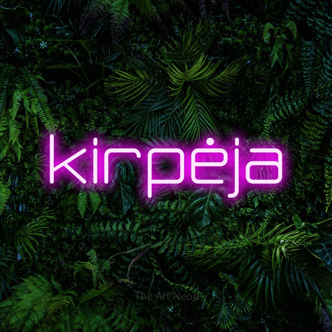 LED neon sign reading “kirpėja”, arranged in a single line.