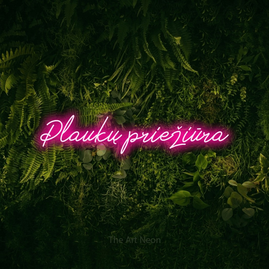 LED neon sign reading “Plaukų priežiūra”, arranged in a single line.