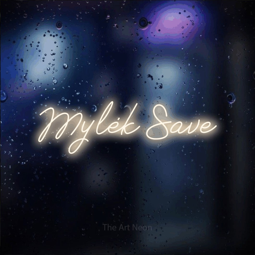 LED neon sign reading “Mylėk Save”, arranged in a single line.