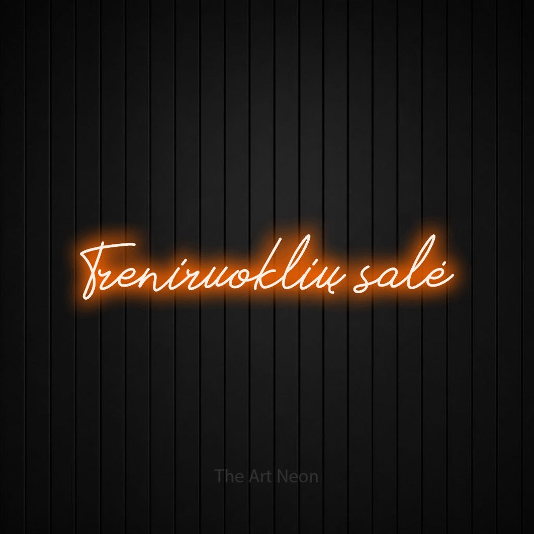 LED neon sign reading “Treniruoklių salė”, arranged in a single line.