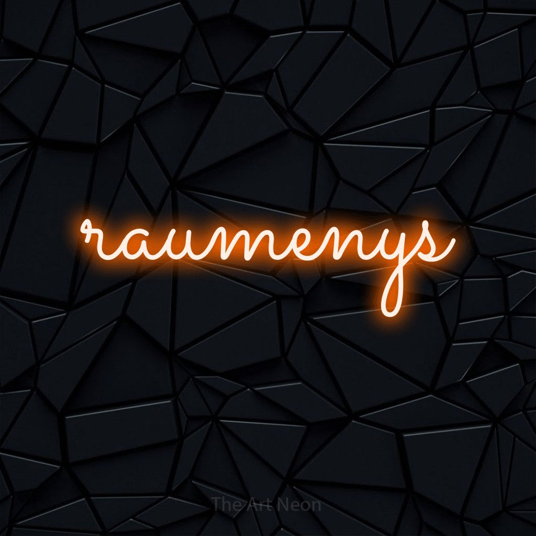 LED neon sign reading “raumenys”, arranged in a single line.