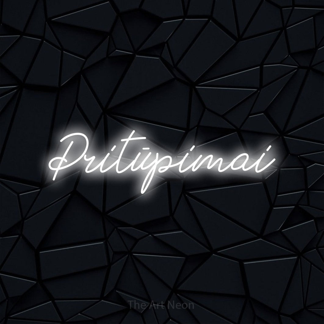 LED neon sign reading “Pritūpimai”, arranged in a single line.