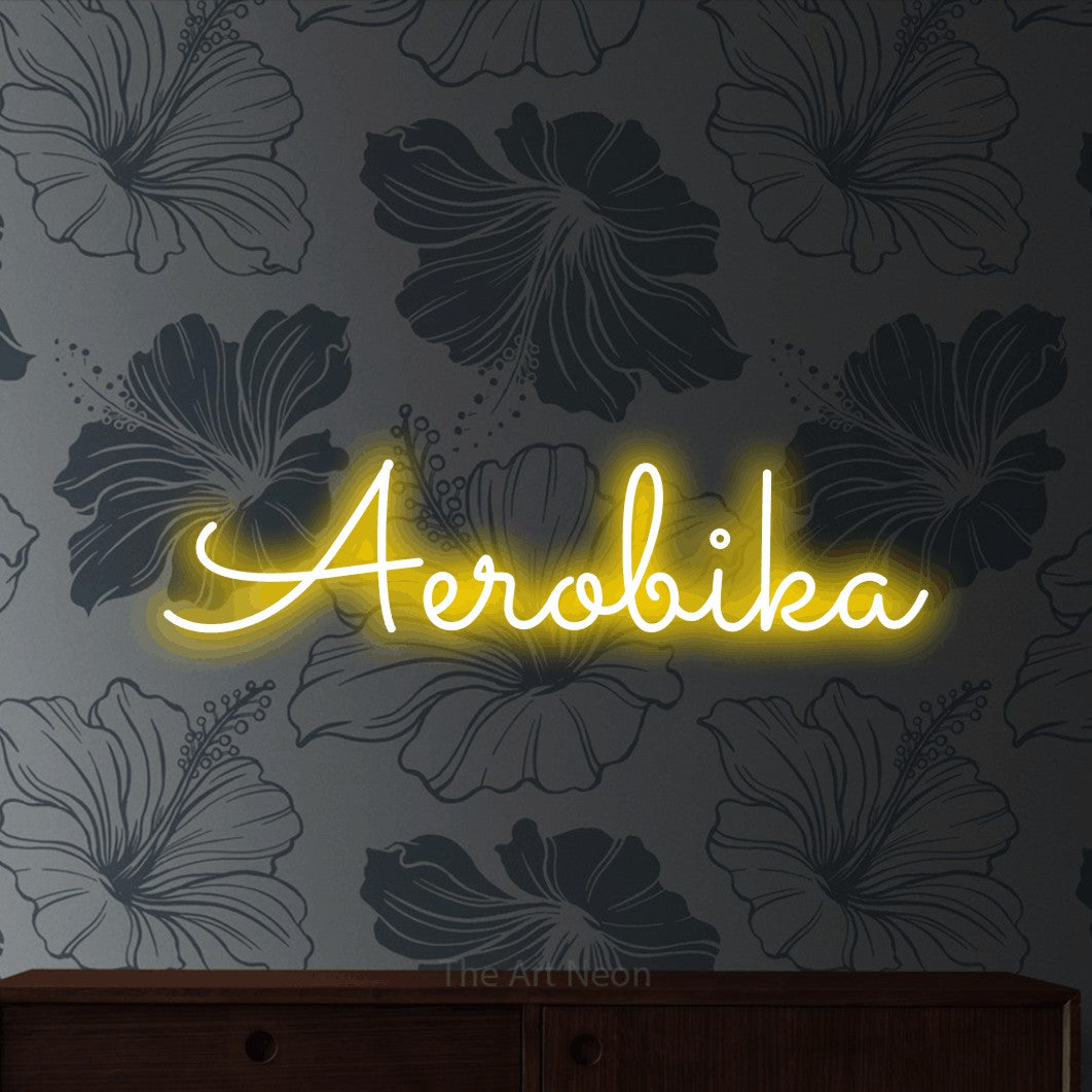 LED neon sign reading “Aerobika”, arranged in a single line.