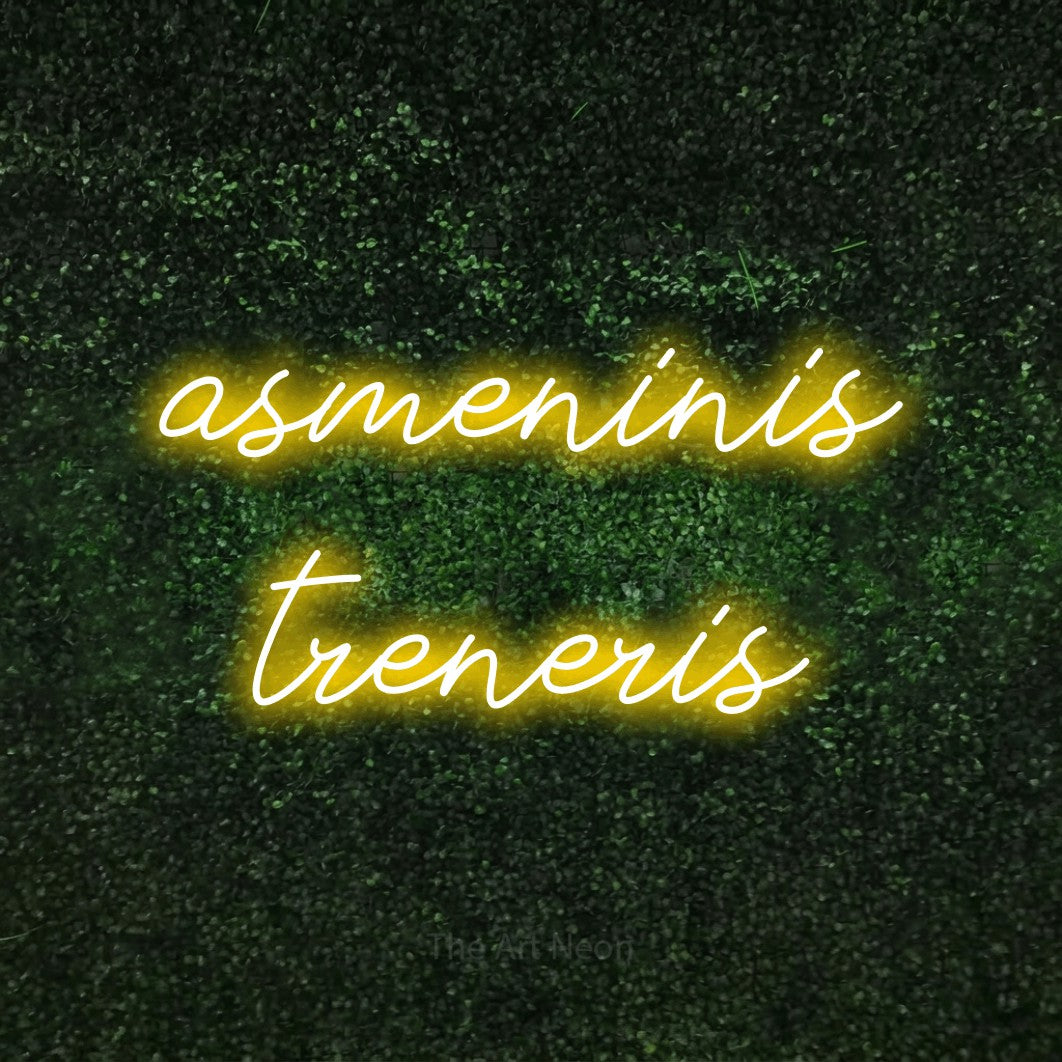 LED neon sign reading “asmeninis treneris”, arranged in two lines.