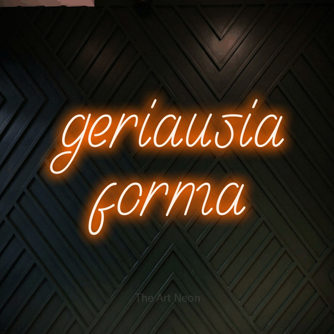 LED neon sign reading “geriausia forma”, arranged in two lines.