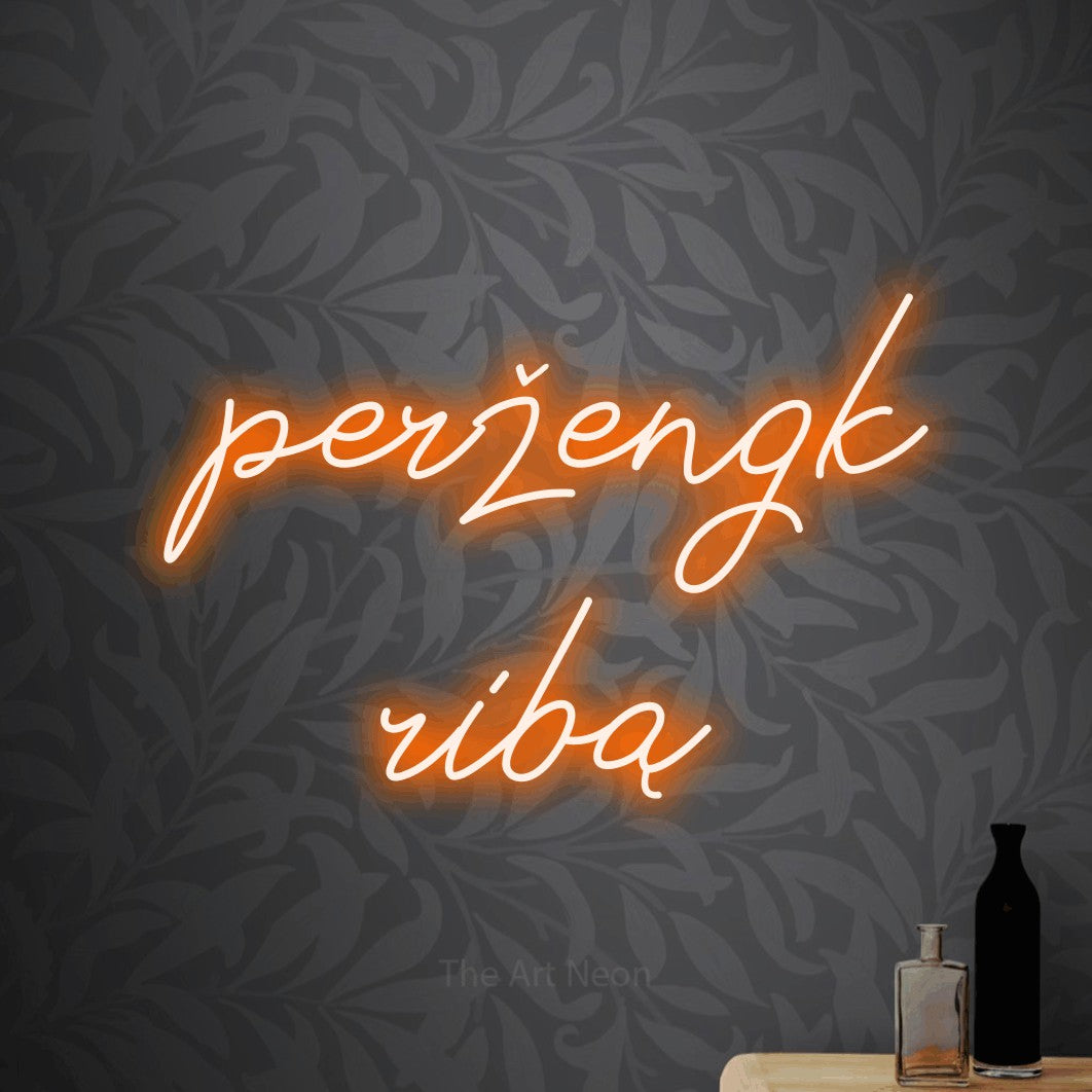 LED neon sign reading “peržengk ribą”, arranged in two lines.
