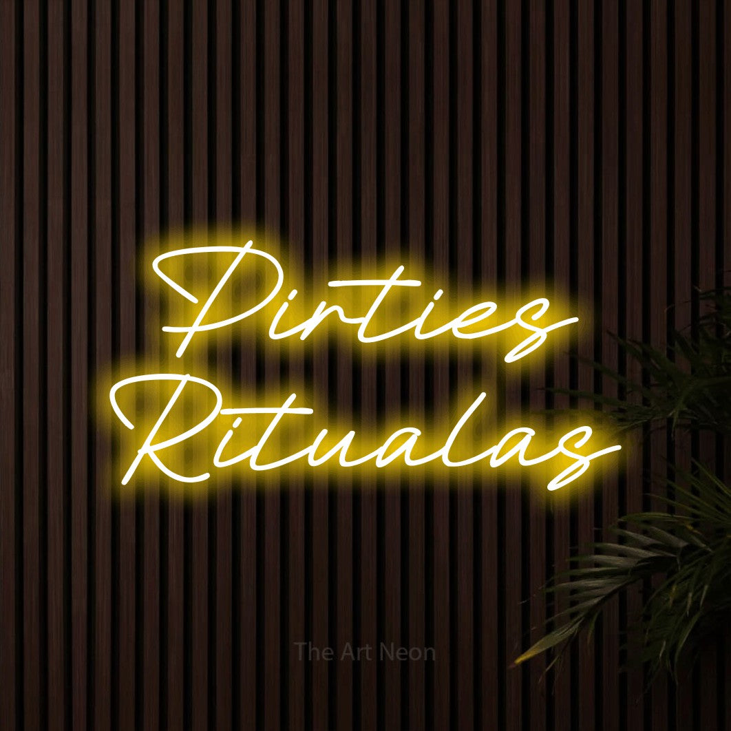 LED neon sign reading “Pirties Ritualas”, arranged in two lines.