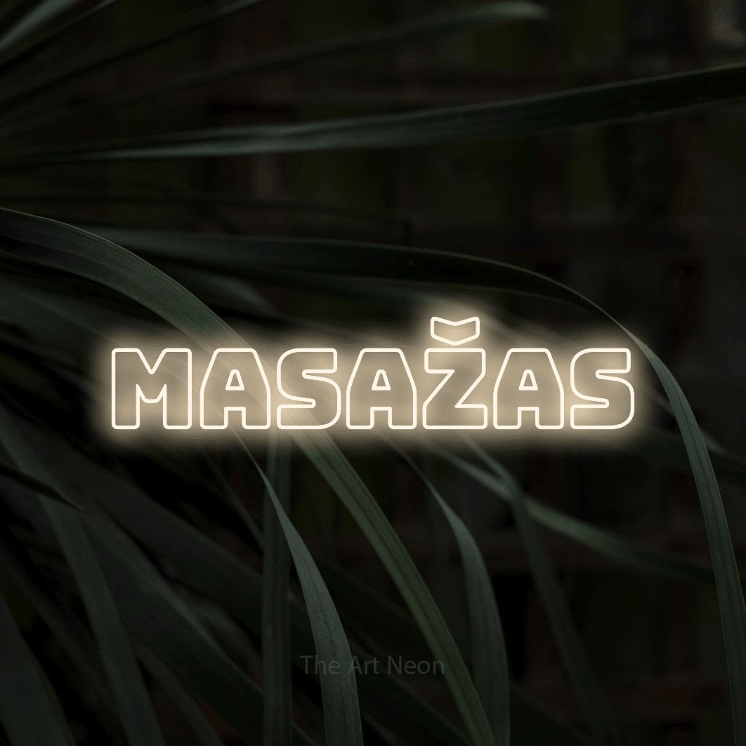 LED neon sign reading “MASAŽAS”, arranged in a single line.