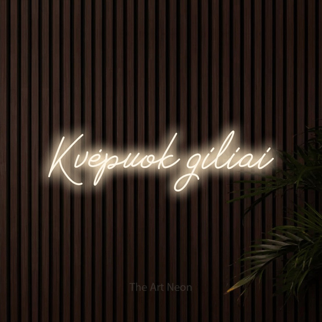LED neon sign reading “Kvėpuok giliai”, arranged in a single line.
