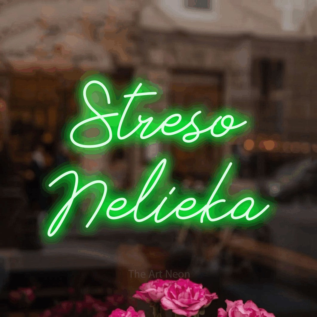 LED neon sign reading “Streso Nelieka”, arranged in two lines.