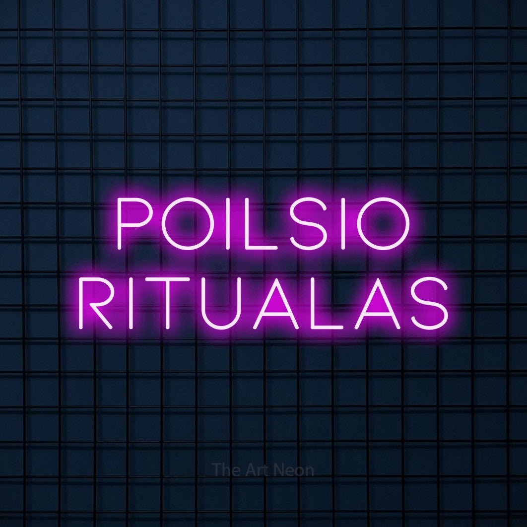 LED neon sign reading “poilsio ritualas”, arranged in two lines.