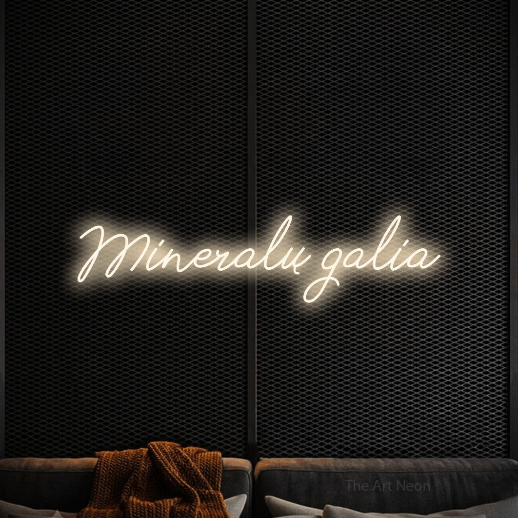 LED neon sign reading “Mineralų galia”, arranged in a single line.