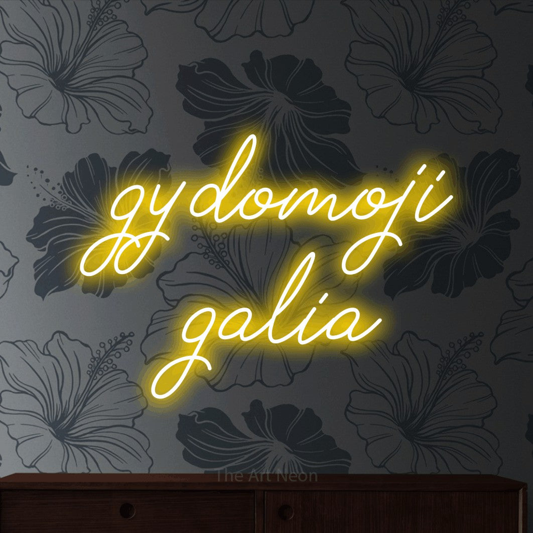 LED neon sign reading “gydomoji galia”, arranged in two lines.