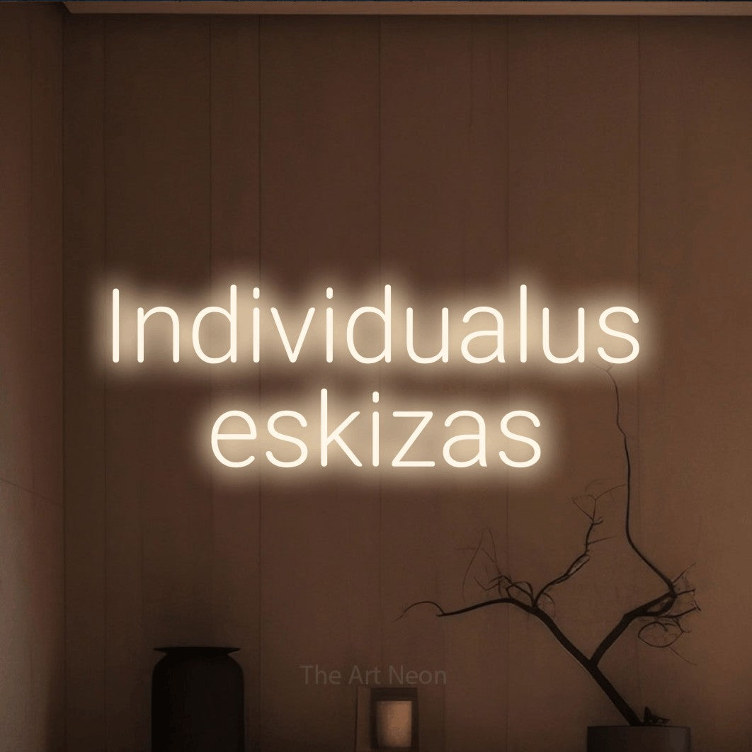 LED neon sign reading “Individualus eskizas”, arranged in two lines.
