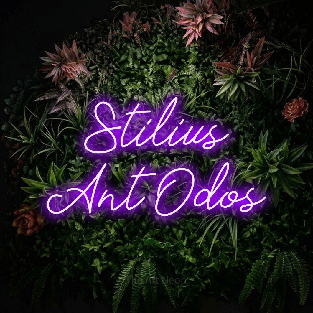 LED neon sign reading “Stilius Ant Odos”, arranged in two lines.