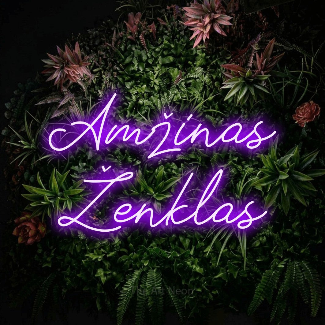 LED neon sign reading “Amžinas Ženklas”, arranged in two lines.