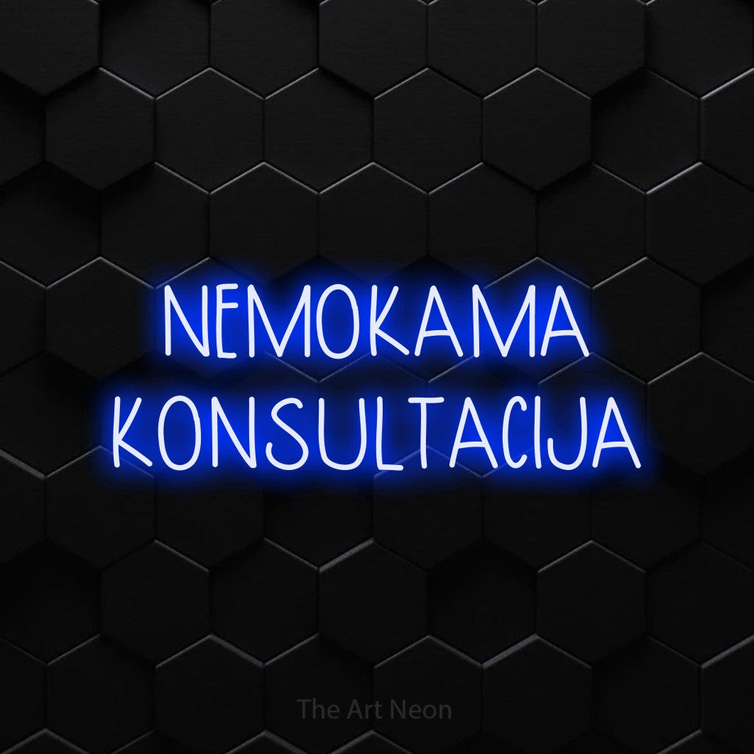 LED neon sign reading “NEMOKAMA KONSULTACIJA”, arranged in two lines.