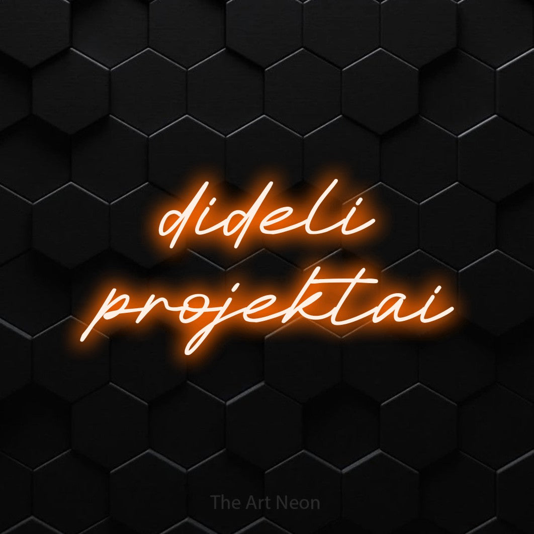 LED neon sign reading “dideli projektai”, arranged in two lines.