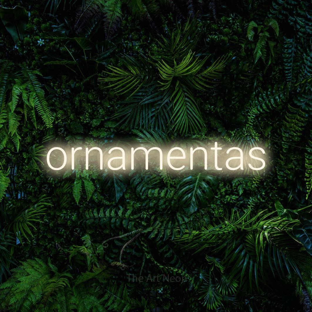 LED neon sign reading “ornamentas”, arranged in a single line.