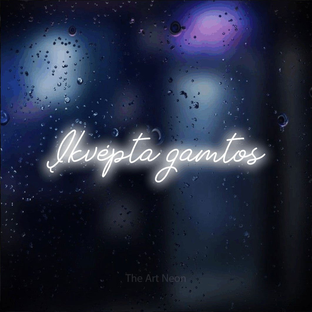 LED neon sign reading “Įkvėpta gamtos”, arranged in a single line.