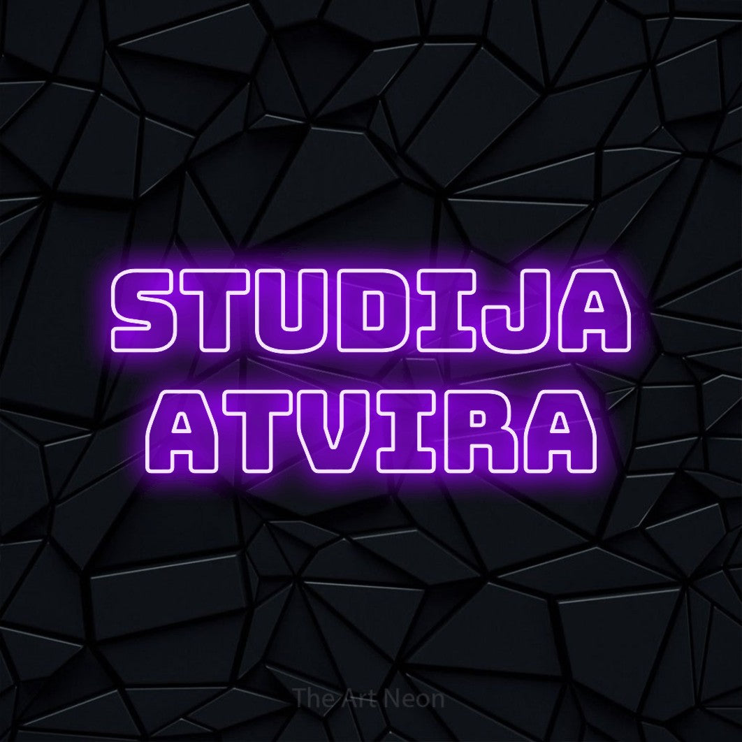 LED neon sign reading “studija atvira”, arranged in two lines.