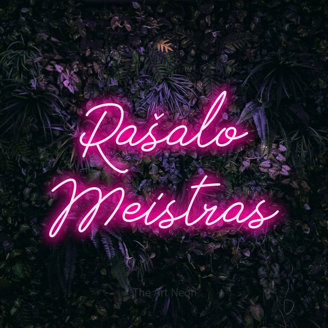 LED neon sign reading “Rašalo Meistras”, arranged in two lines.