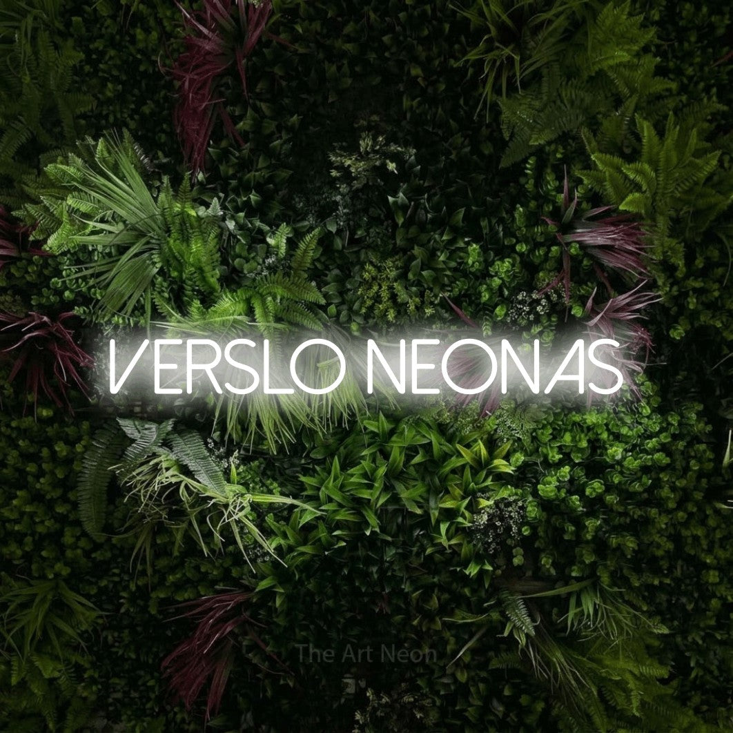 LED neon sign reading “verslo neonas”, arranged in a single line.