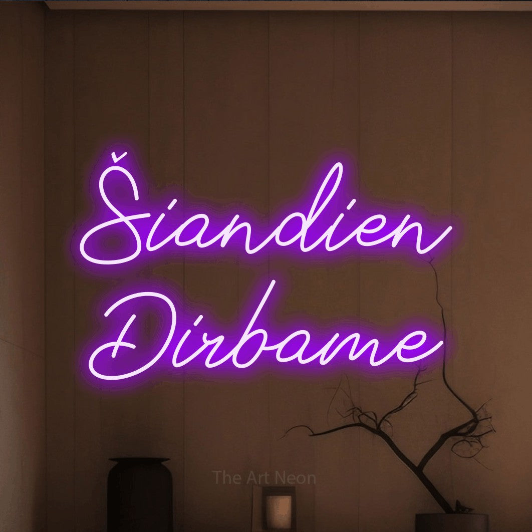LED neon sign reading “Šiandien Dirbame”, arranged in two lines.
