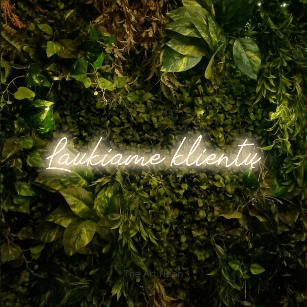 LED neon sign reading “Laukiame klientų”, arranged in a single line.