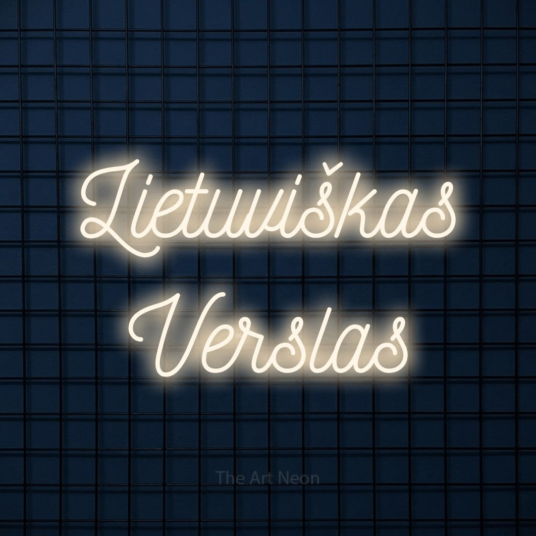 LED neon sign reading “Lietuviškas Verslas”, arranged in two lines.