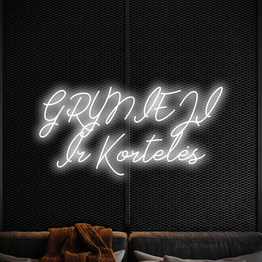 LED neon sign reading “GRYNIEJI Ir Kortelės”, arranged in two lines.