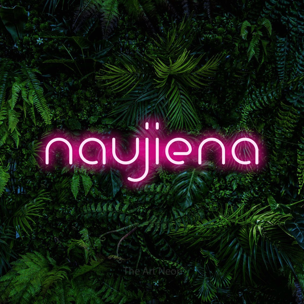 LED neon sign reading “naujiena”, arranged in a single line.