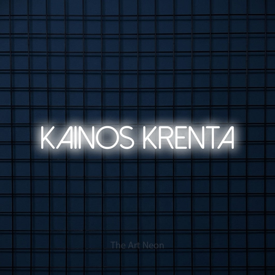 LED neon sign reading “kainos krenta”, arranged in a single line.