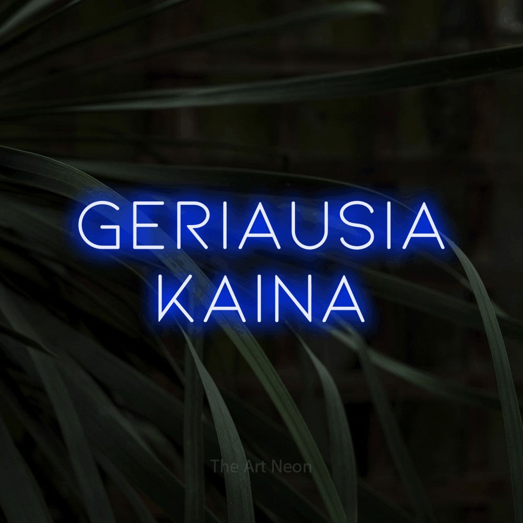 LED neon sign reading “GERIAUSIA Kaina”, arranged in two lines.