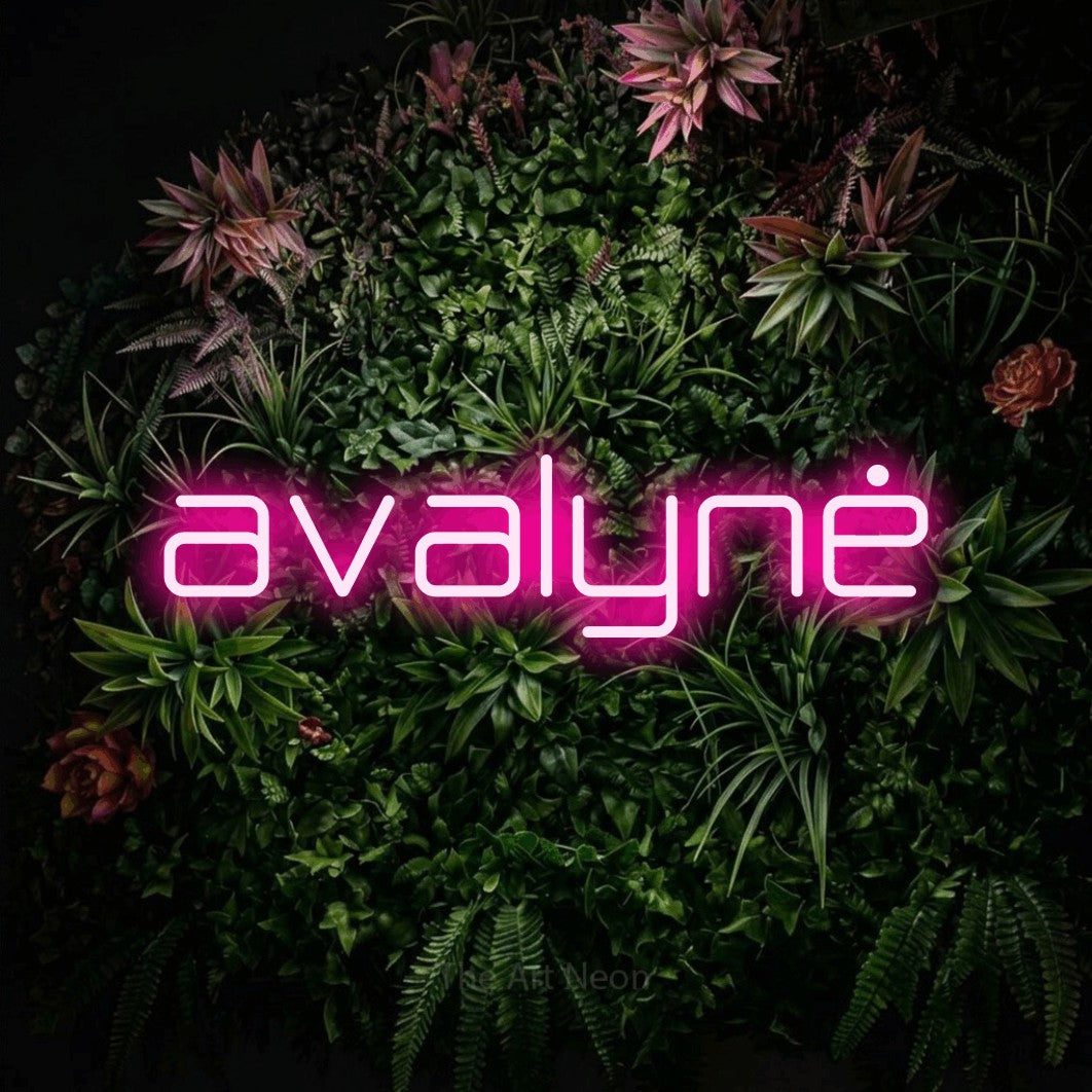 LED neon sign reading “avalynė”, arranged in a single line.