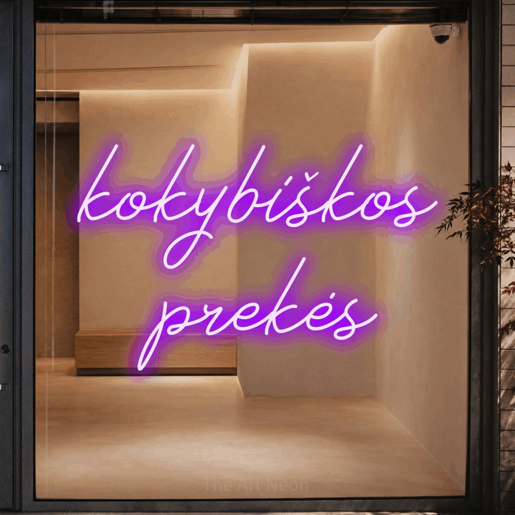 LED neon sign reading “kokybiškos prekės”, arranged in two lines.