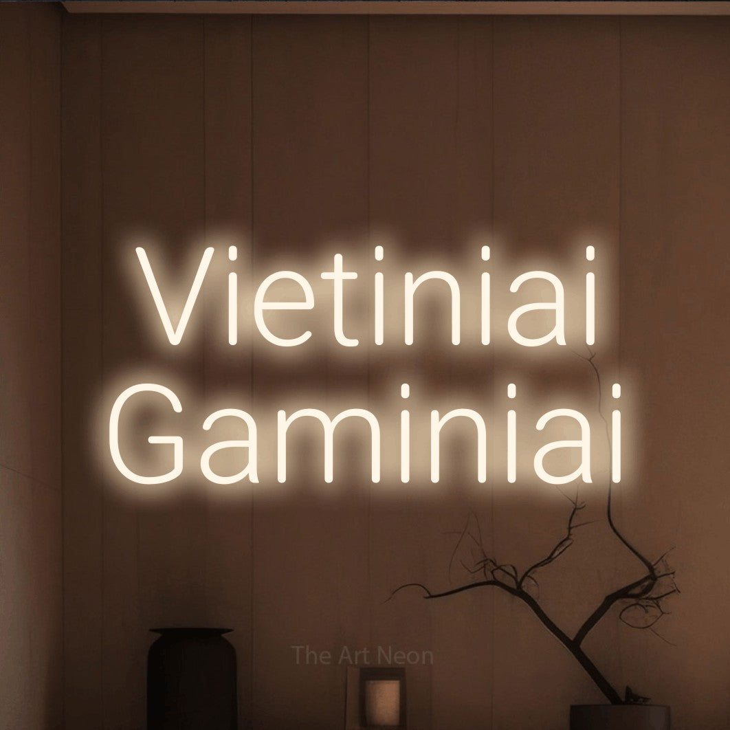 LED neon sign reading “Vietiniai Gaminiai”, arranged in two lines.