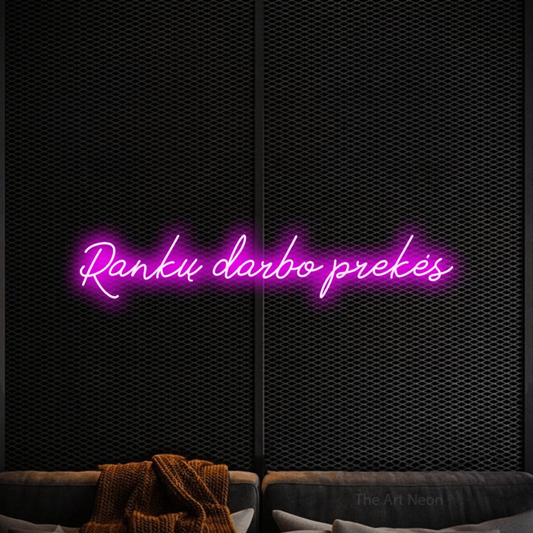LED neon sign reading “Rankų darbo prekės”, arranged in a single line.