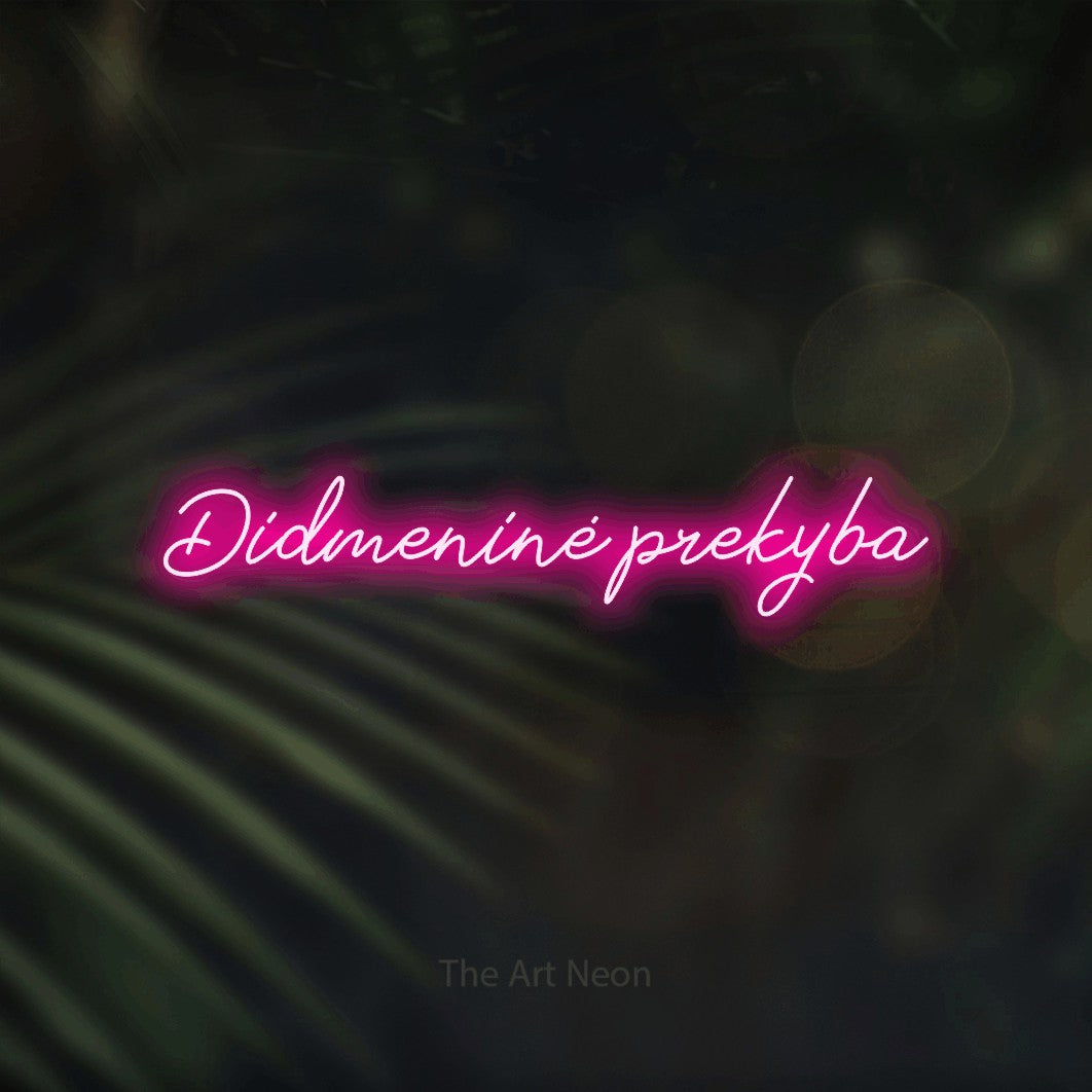 LED neon sign reading “Didmeninė prekyba”, arranged in a single line.