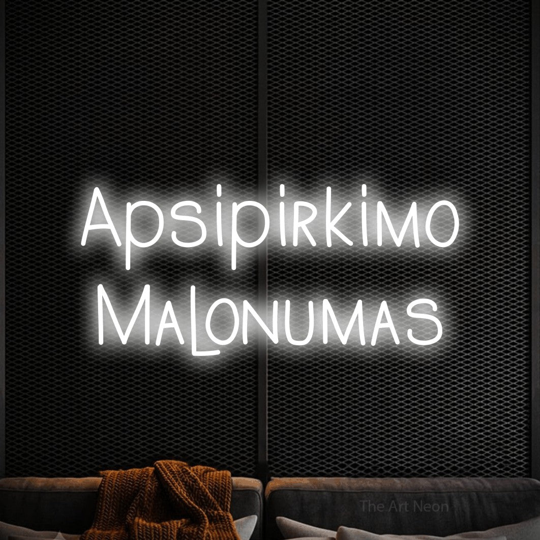LED neon sign reading “Apsipirkimo Malonumas”, arranged in two lines.
