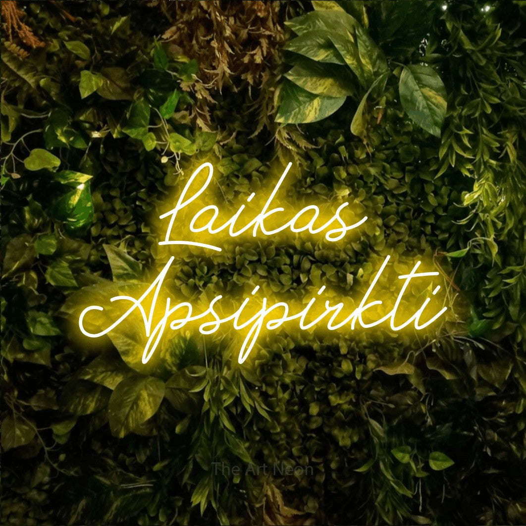 LED neon sign reading “Laikas Apsipirkti”, arranged in two lines.