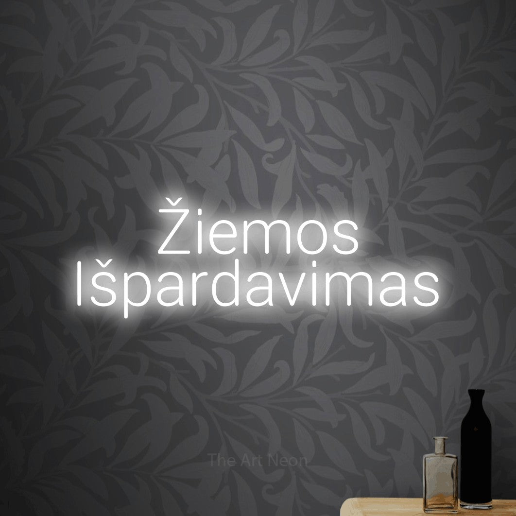 LED neon sign reading “Žiemos Išpardavimas”, arranged in two lines.