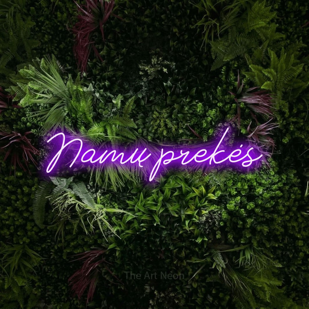 LED neon sign reading “Namų prekės”, arranged in a single line.