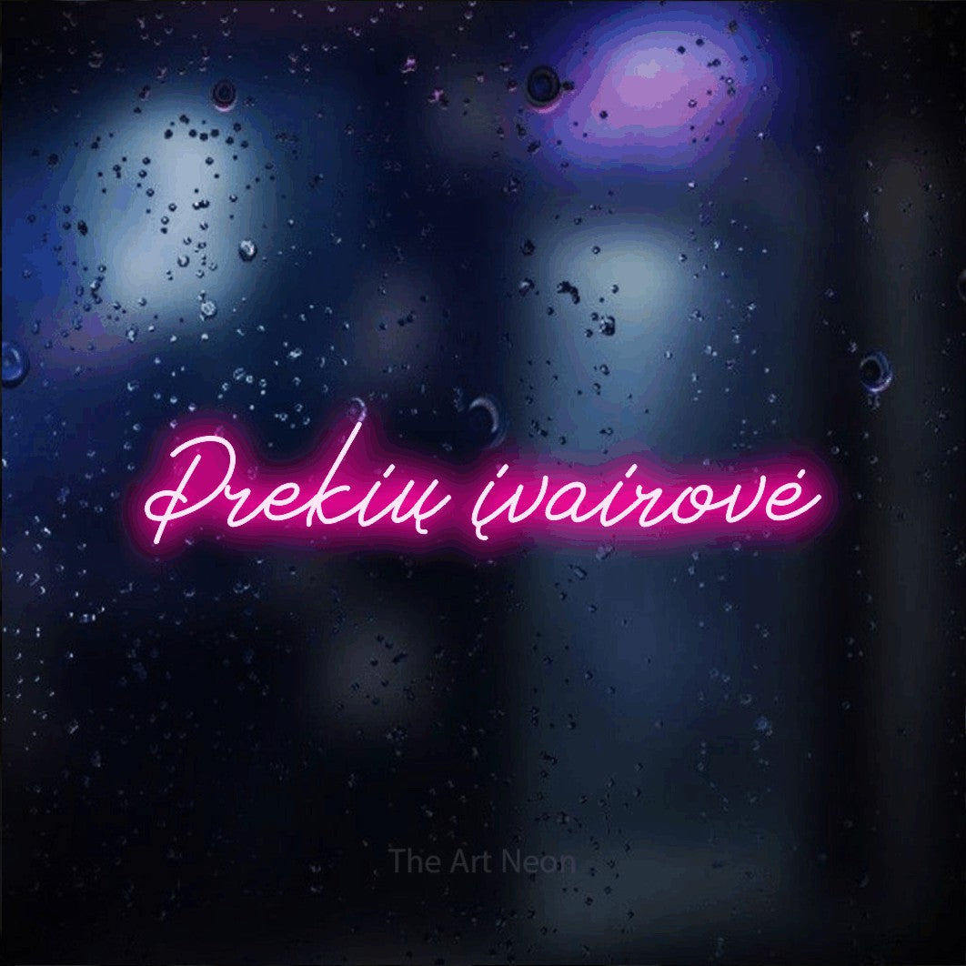 LED neon sign reading “Prekių įvairovė”, arranged in a single line.
