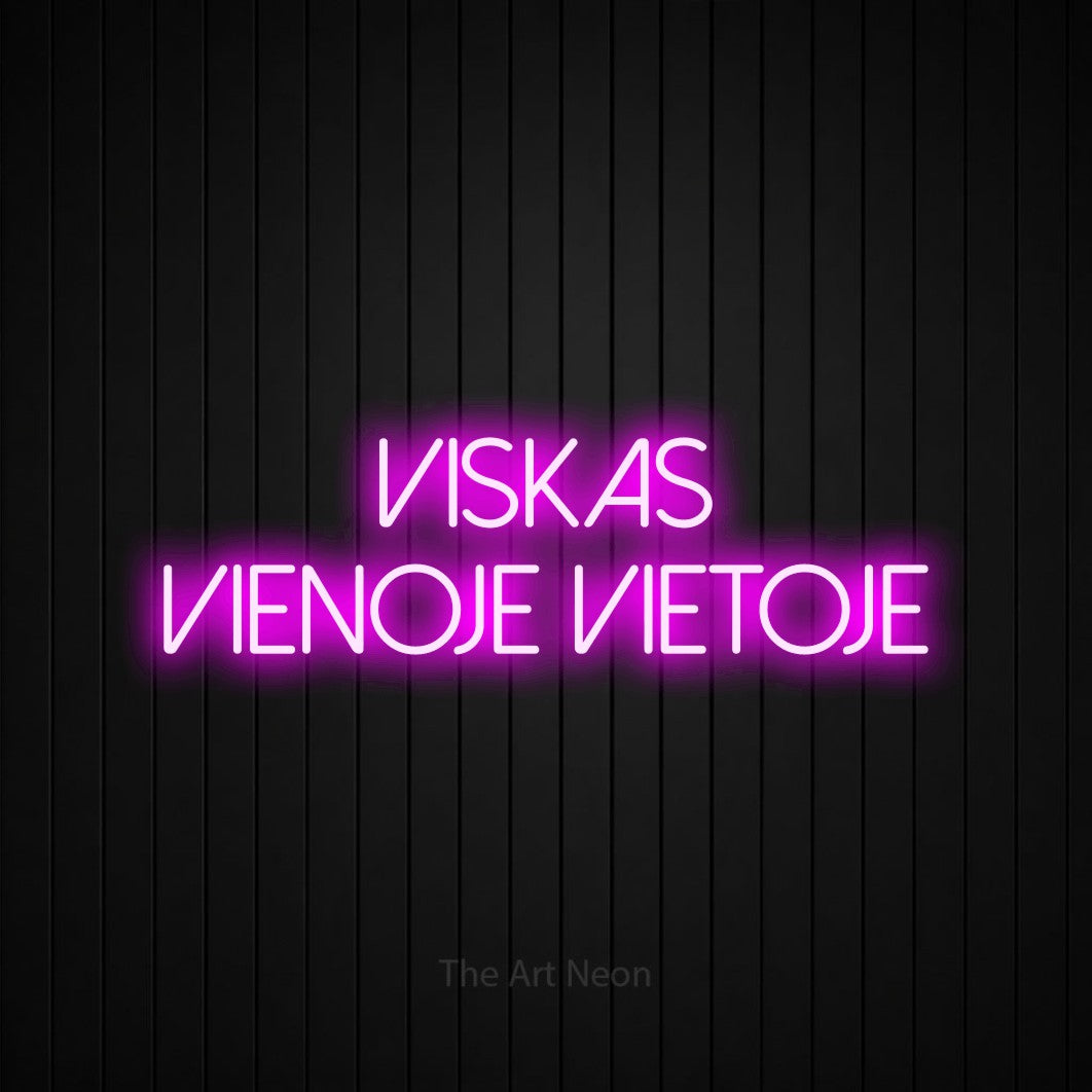 LED neon sign reading “VISKAS VIENOJE VIETOJE”, arranged in two lines.