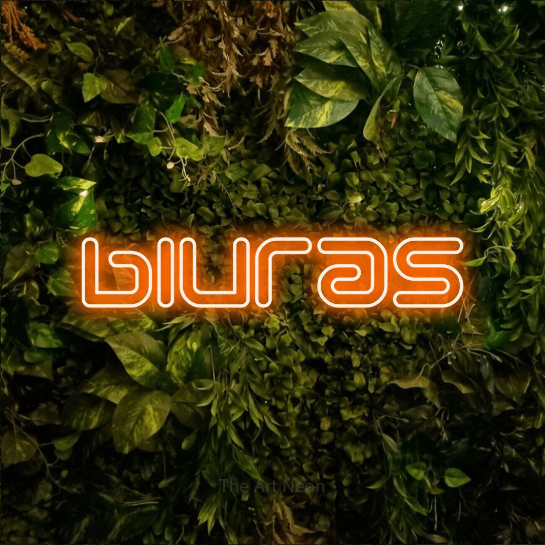 LED neon sign reading “biuras”, arranged in a single line.