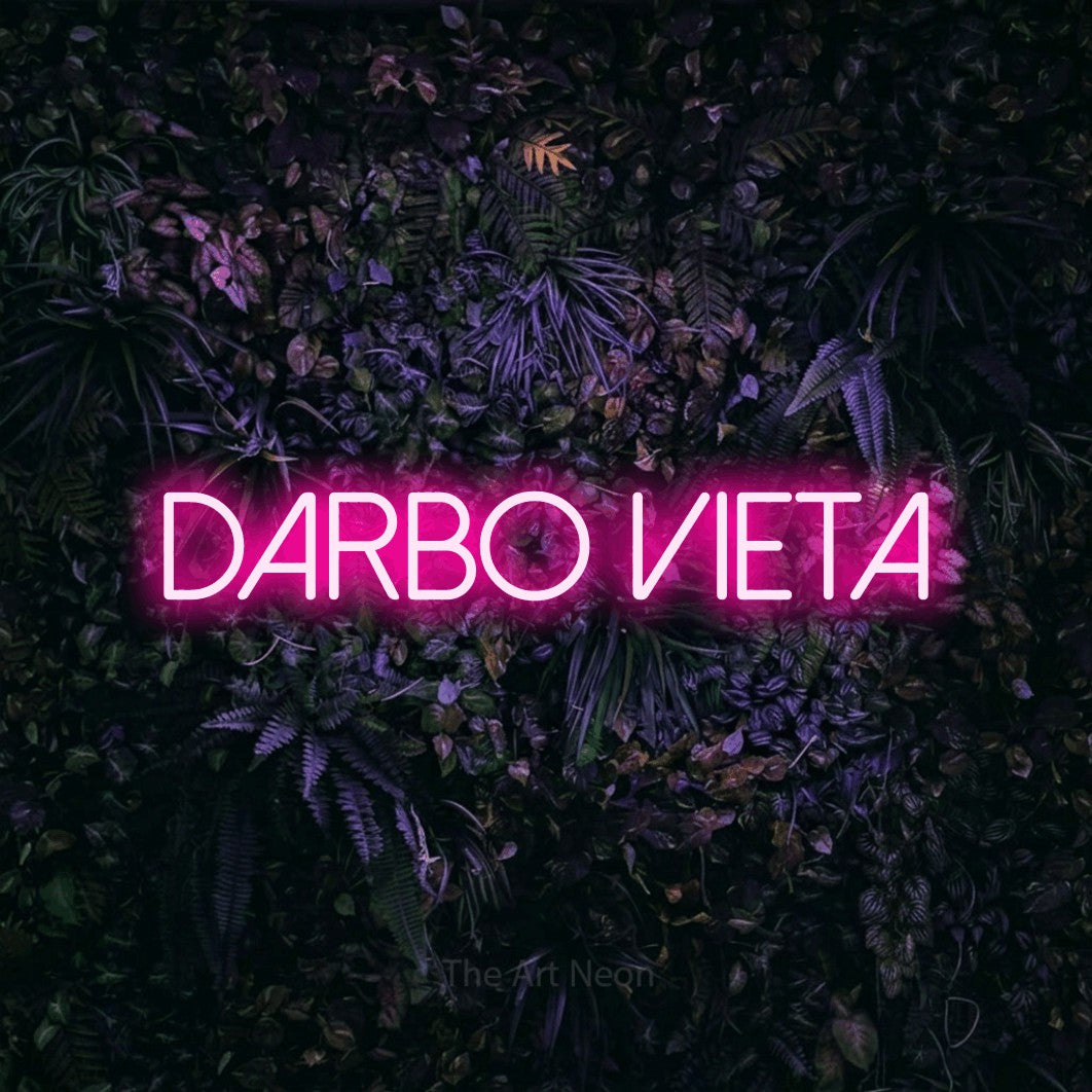 LED neon sign reading “DARBO Vieta”, arranged in a single line.