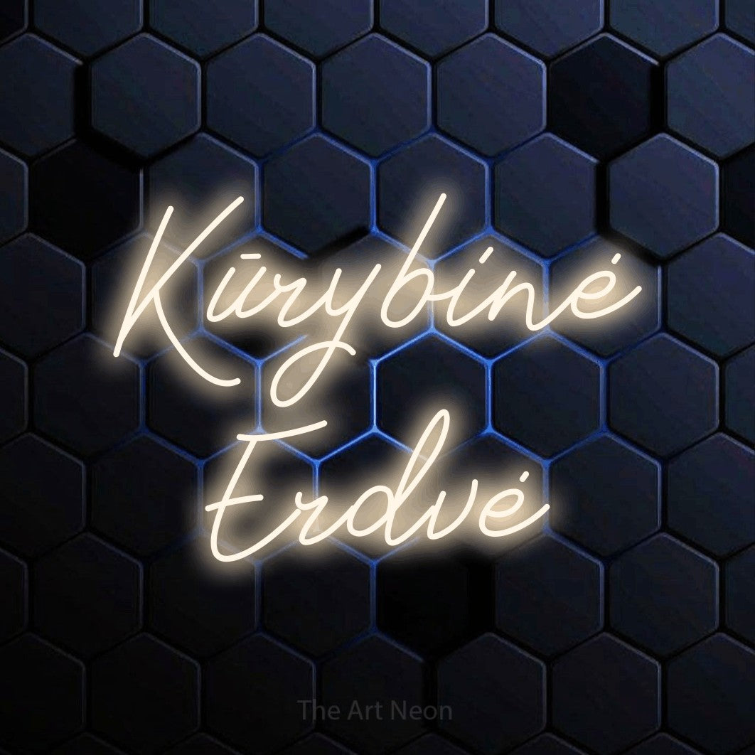 LED neon sign reading “Kūrybinė Erdvė”, arranged in two lines.